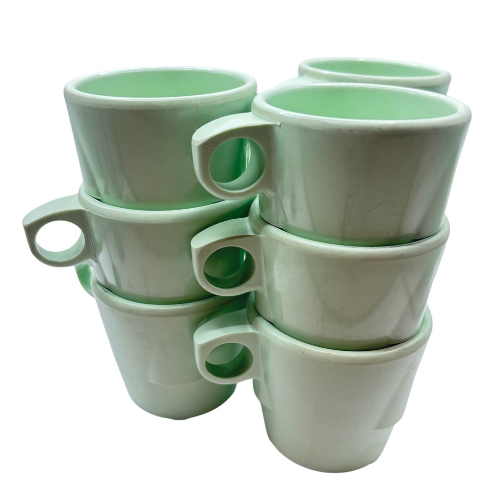 VTG Dallas Ware Mint Green Melmac Stacking Mugs Set of 11 Jadeite Pastel MCM Cup
